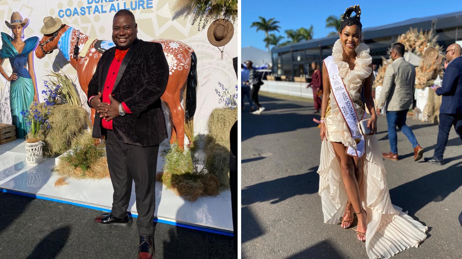 Felix Hlophe did not miss the Grand experience. (R) Miss SA 2025 Qhawe Mazaleni stunned in this cream gown that incorporated the theme.